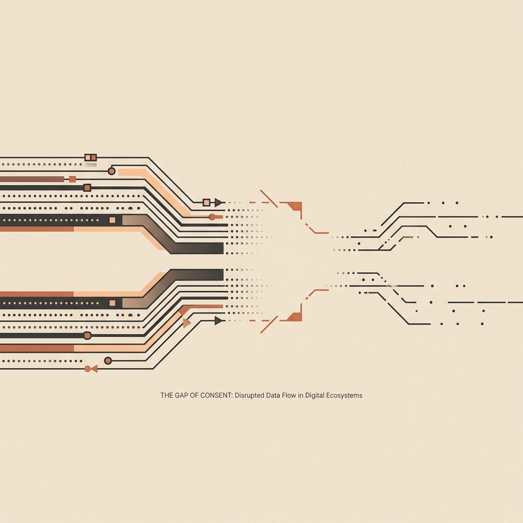 Abstract circuit lines splitting around a consent gap in a digital ecosystem